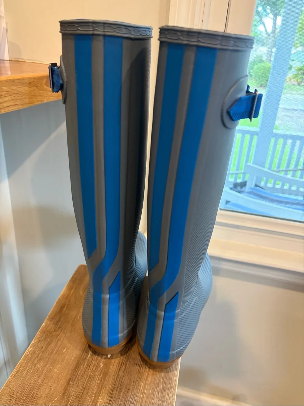 Hunter Original Stripe tall Rain Boots new gray blue
